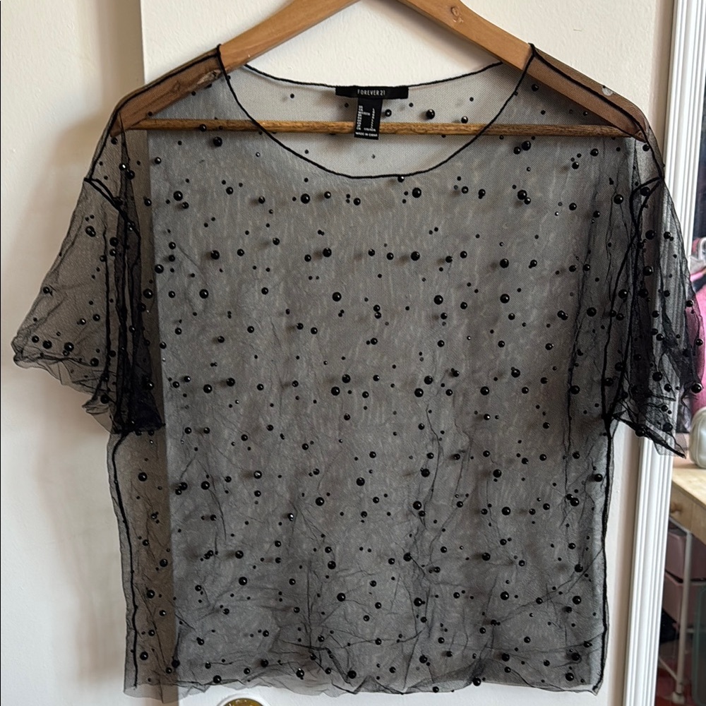 Forever 21 Sheer Black Beaded Top